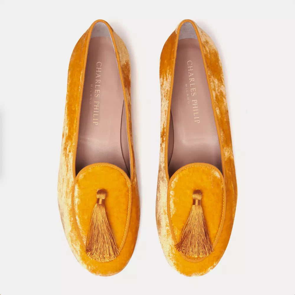 Charles Philip Elegant Velvet Yellow Flats with Tassel Detail