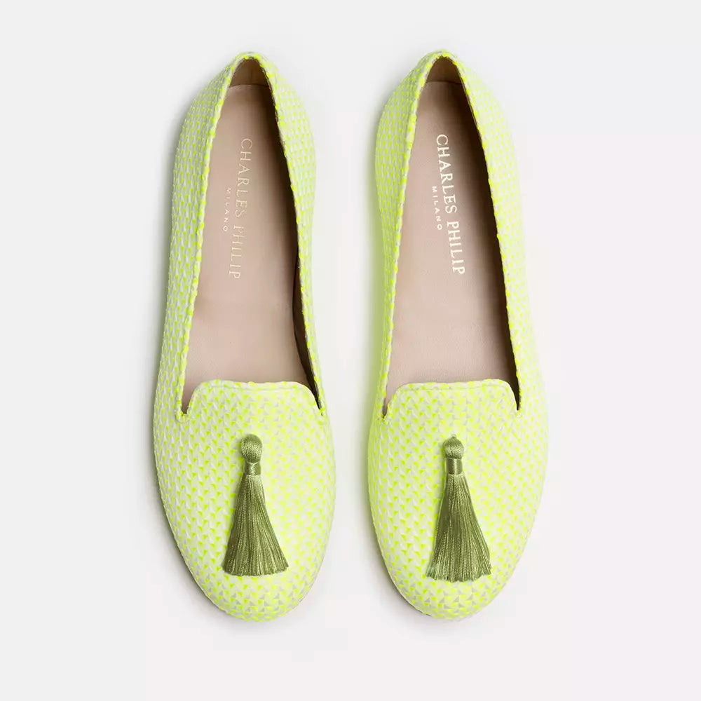 Charles Philip Elegant Yellow Silk Alba Loafers