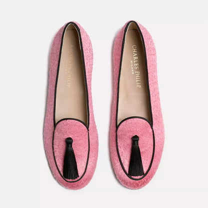 Charles Philip Elegant Pink Velvet Moccasins with Tassel Detail