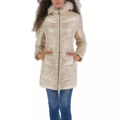 Yes Zee Elegant Beige Padded Jacket with Fur Hood