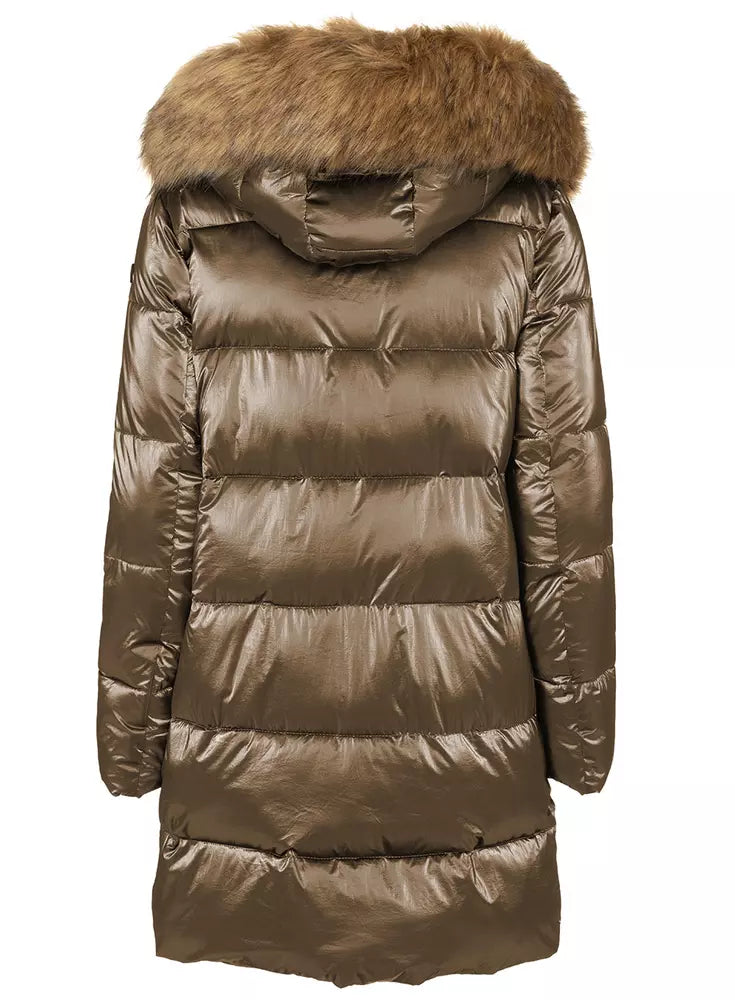 Imperfect Eco-Chic Brown Down Jacket with Faux Fur Hood