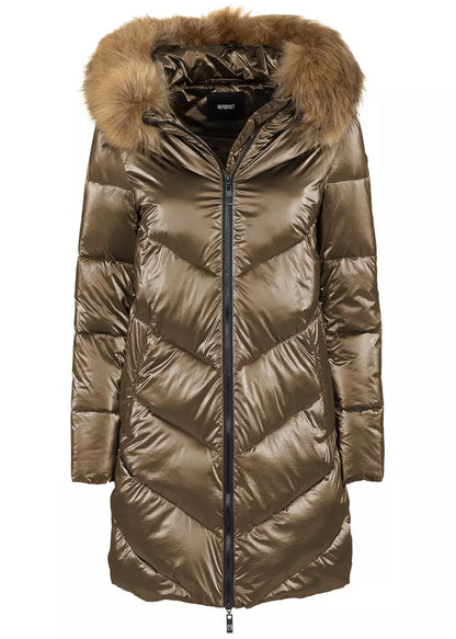 Imperfect Eco-Chic Brown Down Jacket with Faux Fur Hood