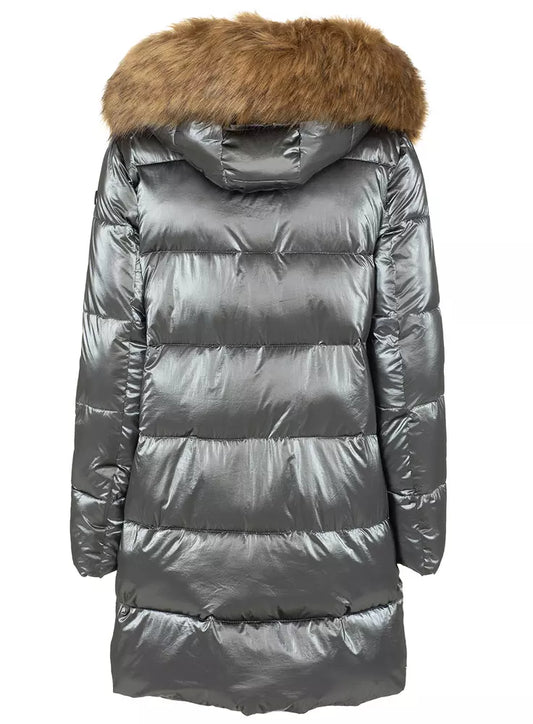 Imperfect Elegant Long Down Jacket with Eco-Fur Hood