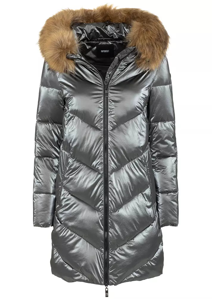 Imperfect Elegant Long Down Jacket with Eco-Fur Hood