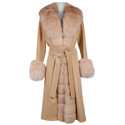 Made in Italy Elegant Beige Wool Coat with Fox Fur Trim