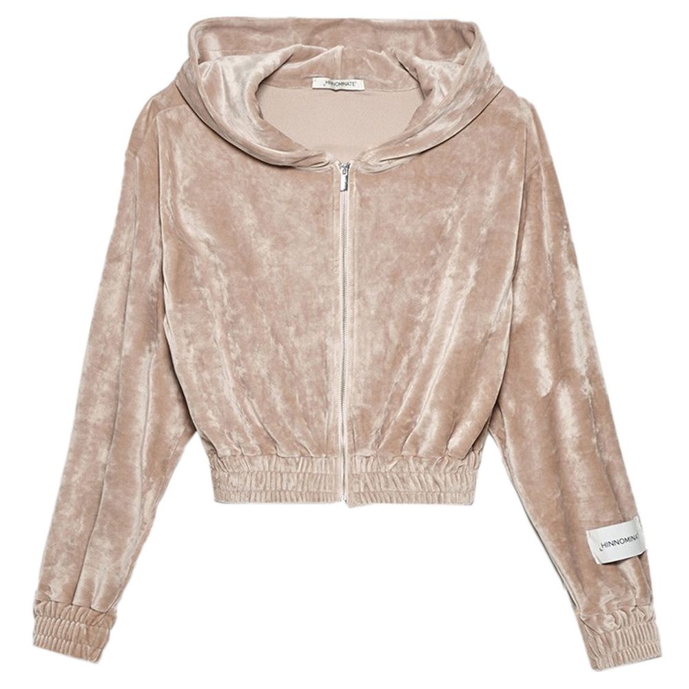 Hinnominate Beige Velvet Zip Hoodie Sweatshirt