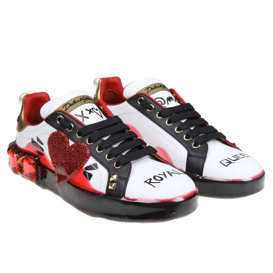 Dolce & Gabbana Elegant Leather Sneakers with Rhinestone Hearts