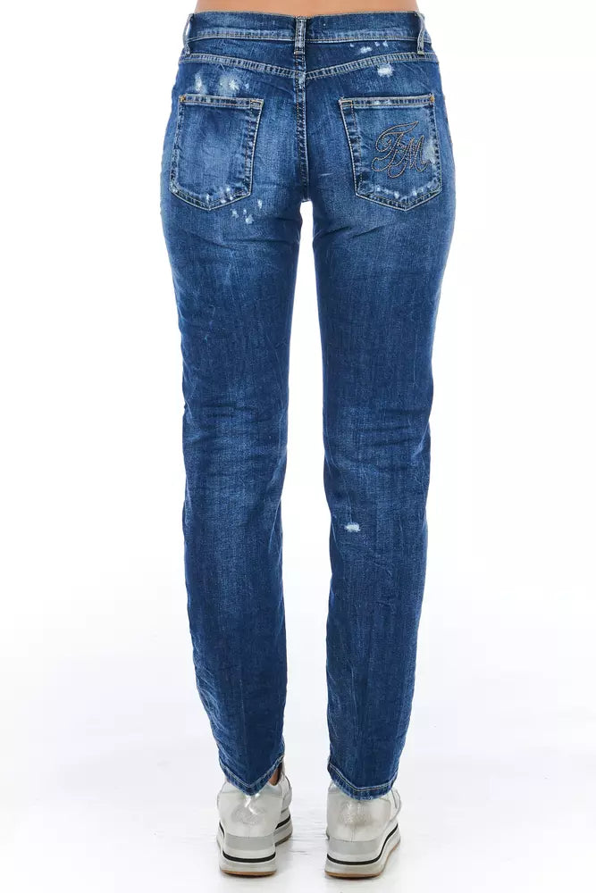 Frankie Morello Blue Cotton Blend Worn Wash Jeans