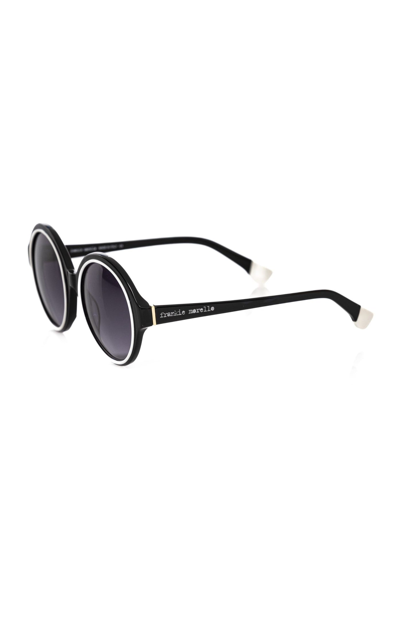 Frankie Morello Elegant Black Round Sunglasses with White Accent