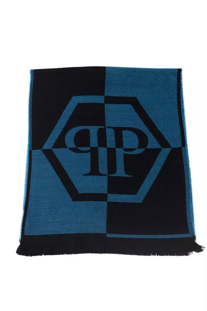 Philipp Plein Elegant Fringed Blue Wool-Blend Scarf