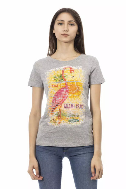 Trussardi Action Chic Gray Cotton Blend Tee with Artistic Print