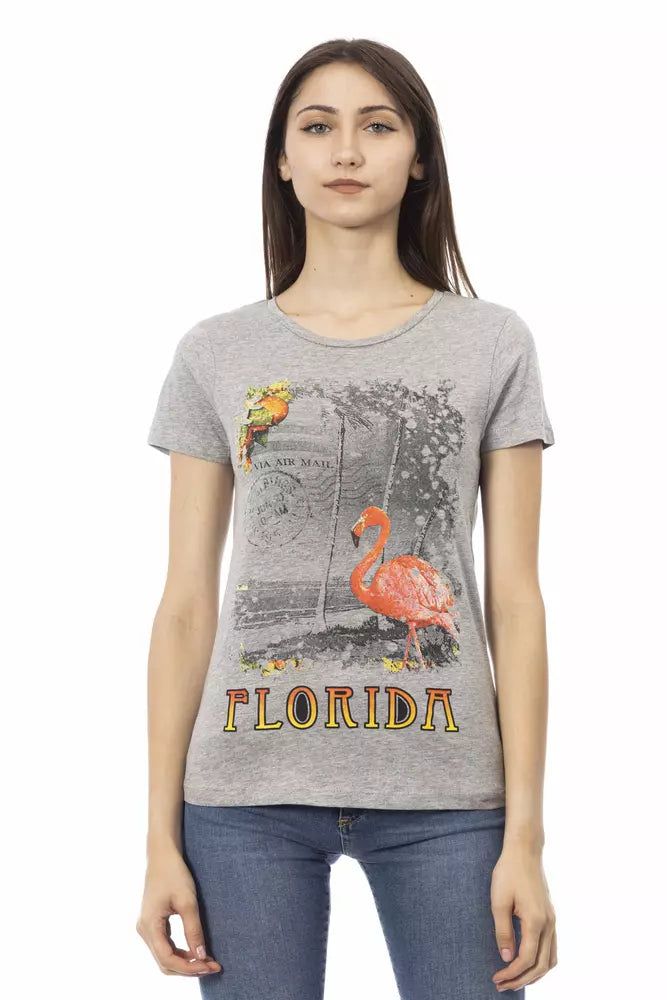 Trussardi Action Chic Gray Round Neck Tee with Front Print