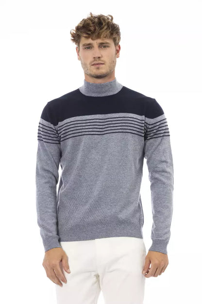 Alpha Studio Elegant Light Blue Mock Neck Sweater for Men