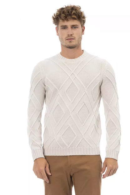 Alpha Studio Beige Merino Wool Crewneck Classic Sweater