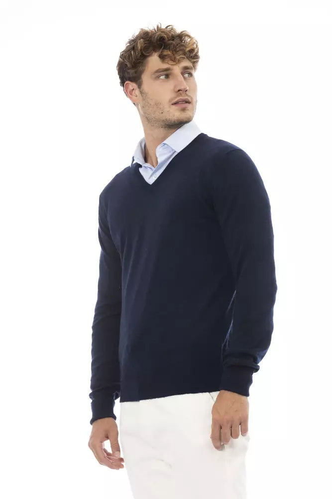 Alpha Studio Elegant V-Neck Sweater in Sumptuous Blue