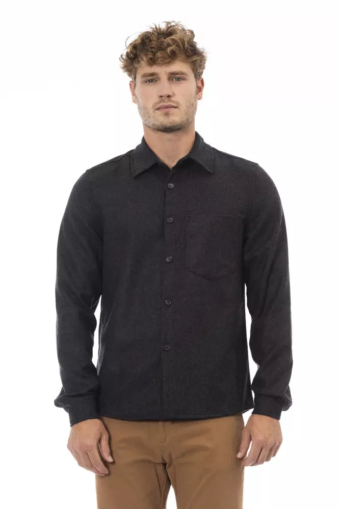 Alpha Studio Chic Gray Flannel Button-Up Shirt with Front Pocket