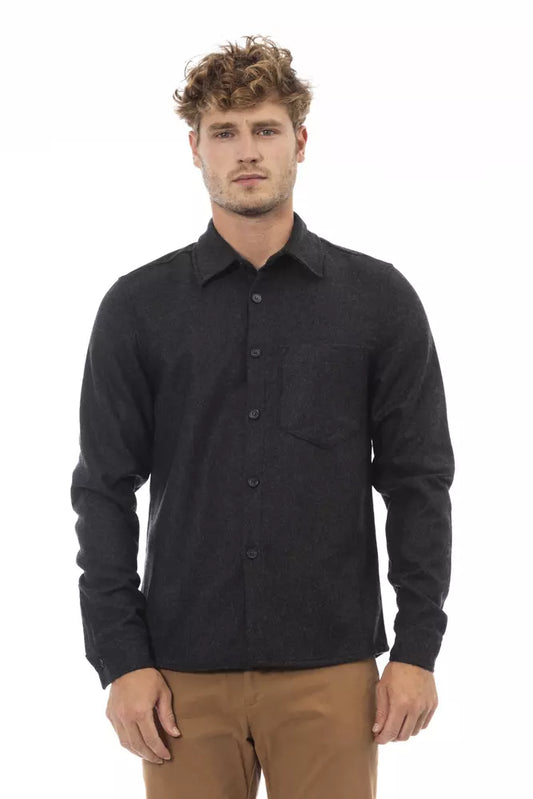 Alpha Studio Chic Gray Flannel Button-Up Shirt with Front Pocket