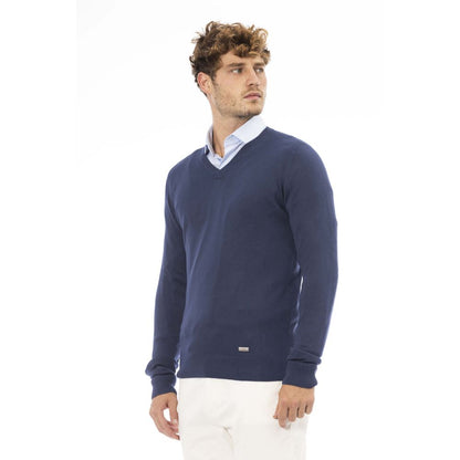 Baldinini Trend Elegant V-Neck Ribbed Blue Sweater