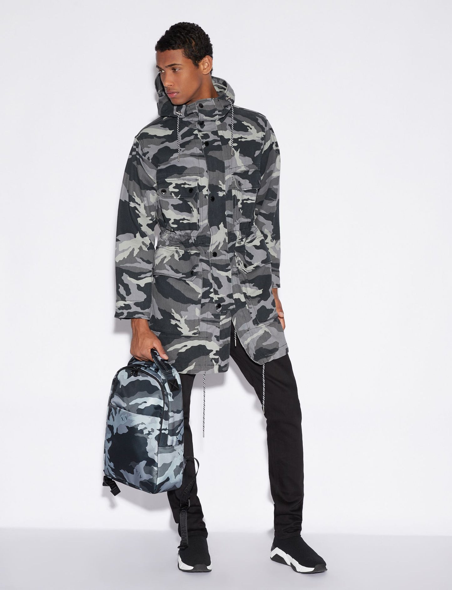 Armani Exchange Camouflage Grey Hooded Trench Revolution