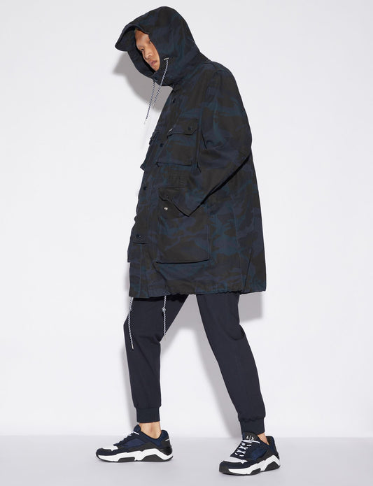 Armani Exchange Camouflage Hooded Trench Coat in Dark Blue