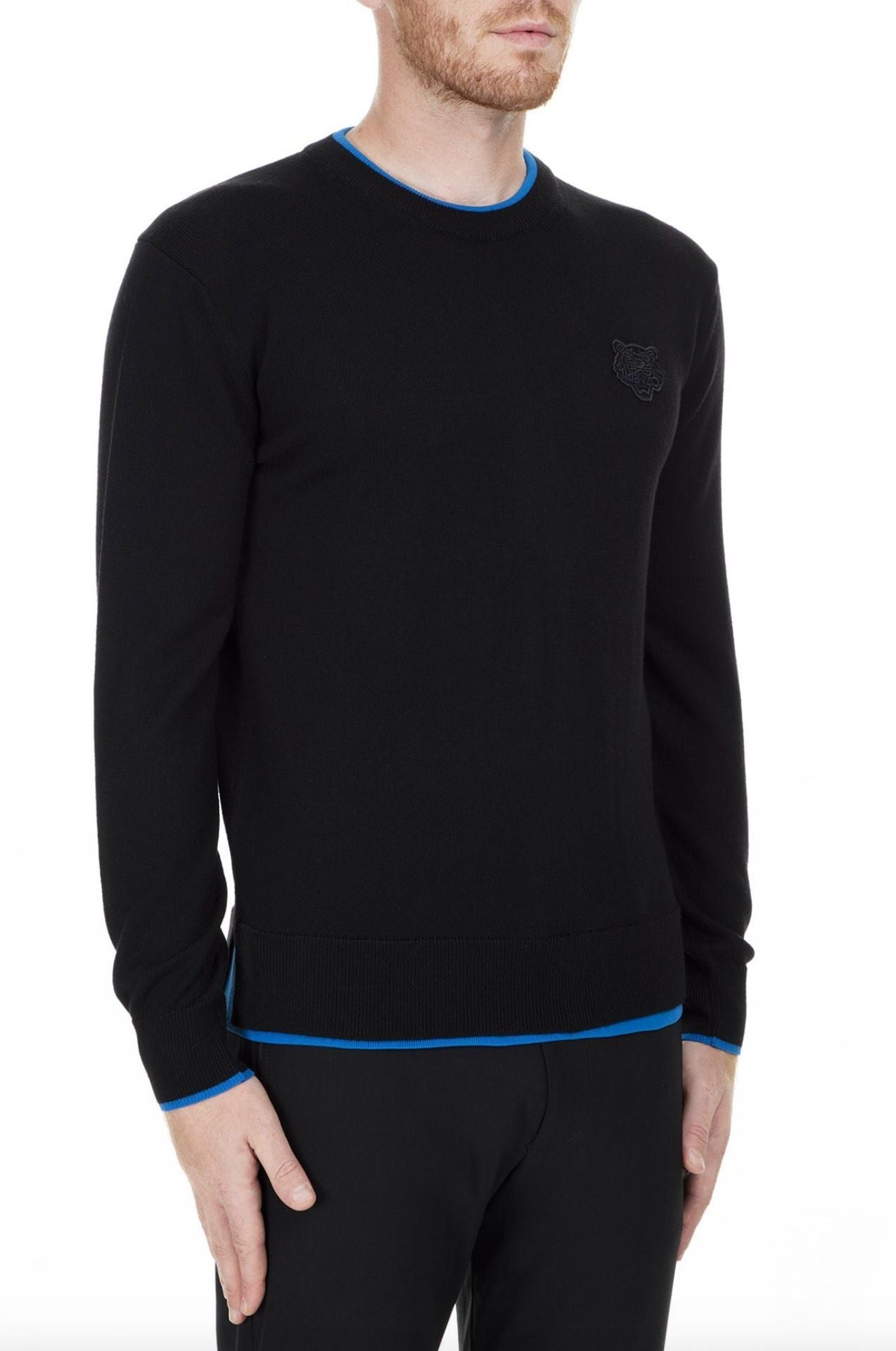 Kenzo Sleek Black Roundneck Sweater with Blue Accents