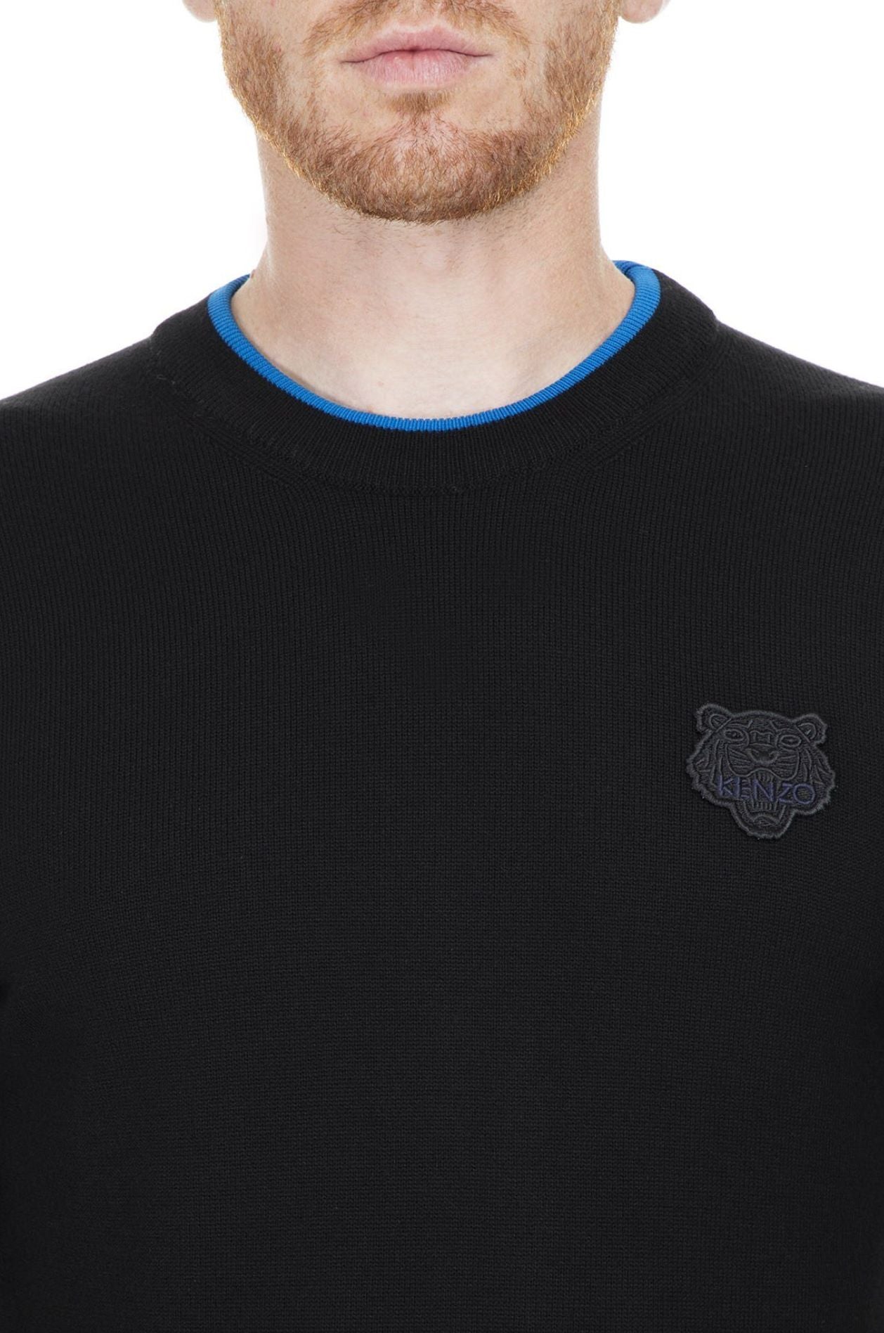 Kenzo Sleek Black Roundneck Sweater with Blue Accents