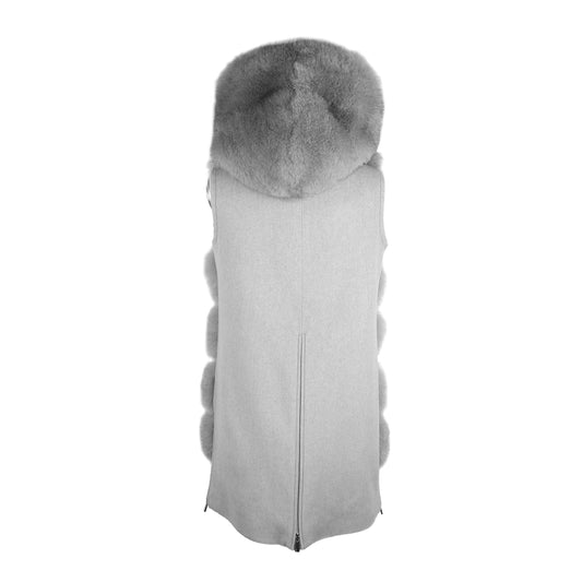 Made in Italy Sleeveless Luxury Wool Coat with Fox Fur Trim