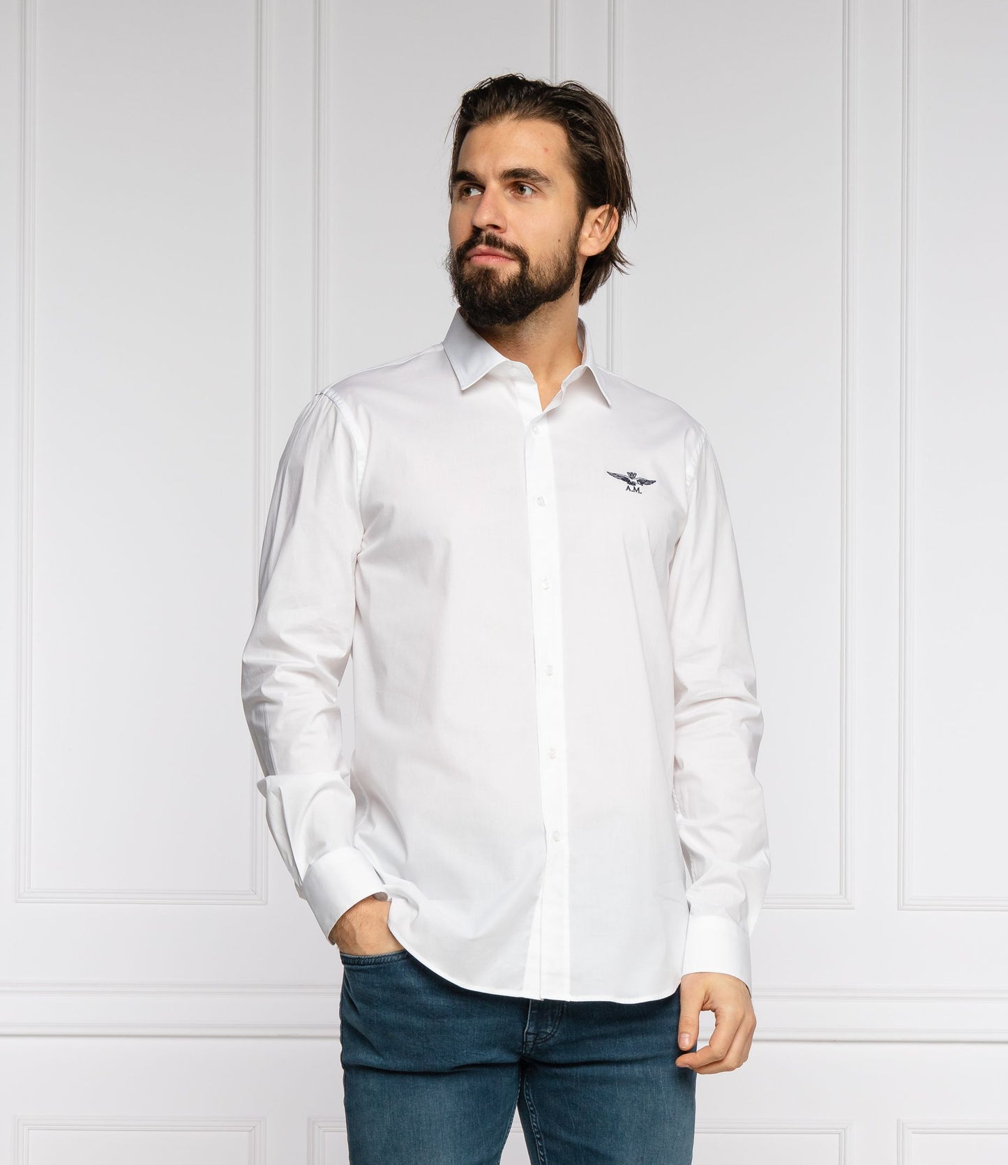 Aeronautica Militare Slim Fit White Cotton Shirt with Eagle Logo