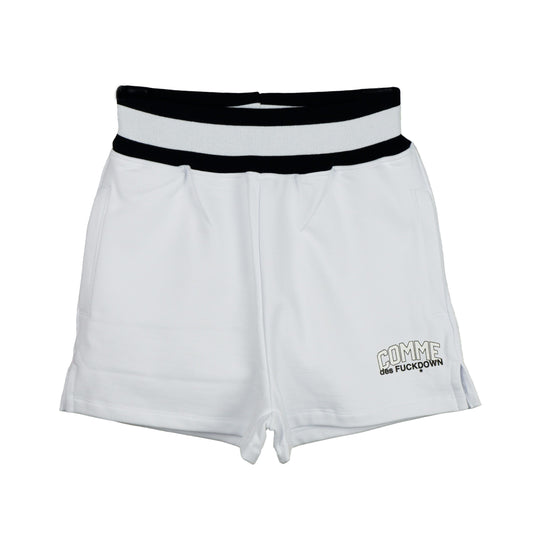 Comme Des Fuckdown Chic White Stretch Shorts with Logo Print