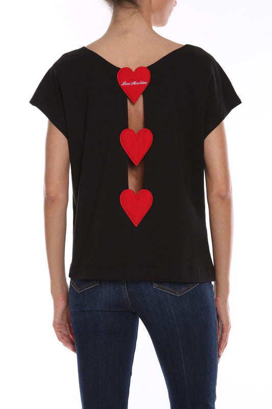 Love Moschino Chic Black Cotton Tee with Heart Details