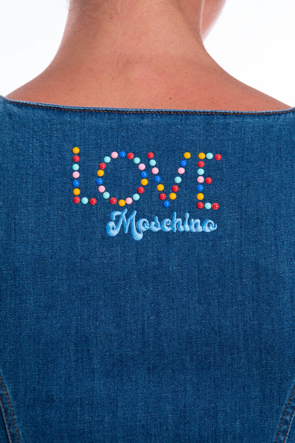 Love Moschino Chic Sleeveless Denim Dress with Beaded Logo