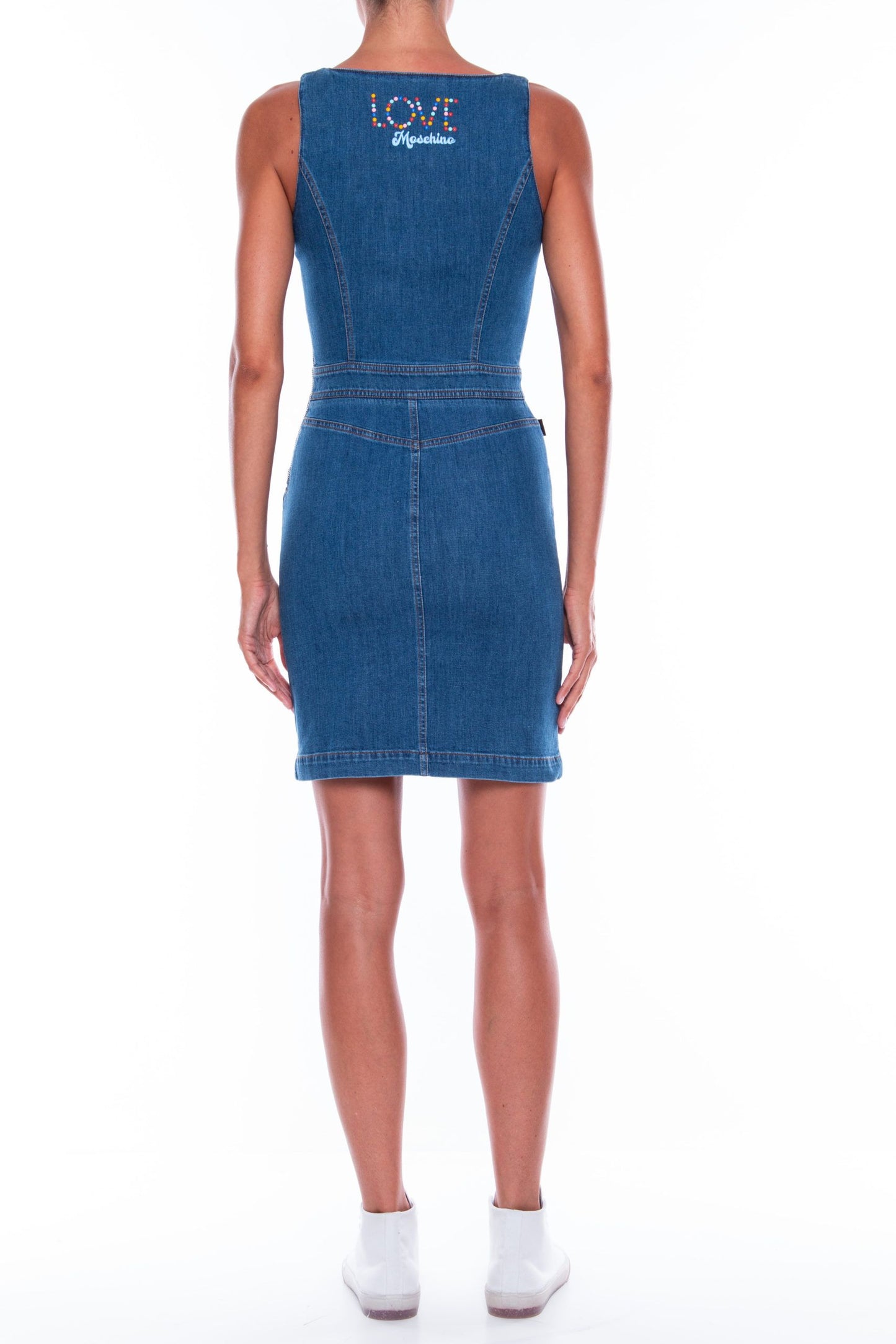 Love Moschino Chic Sleeveless Denim Dress with Beaded Logo