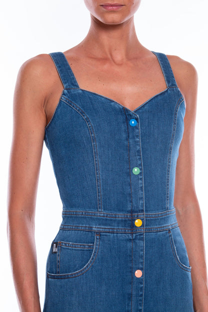 Love Moschino Chic Sleeveless Denim Dress with Beaded Logo