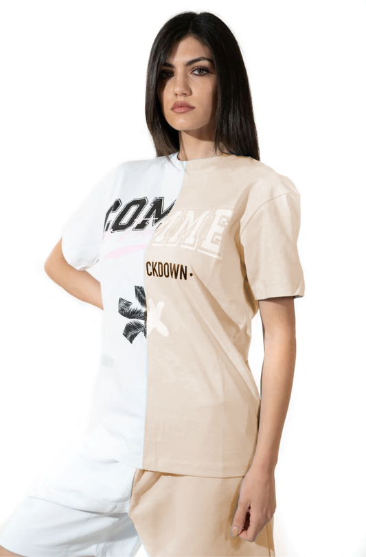 Comme Des Fuckdown Chic Beige Two-Tone Logo Tee