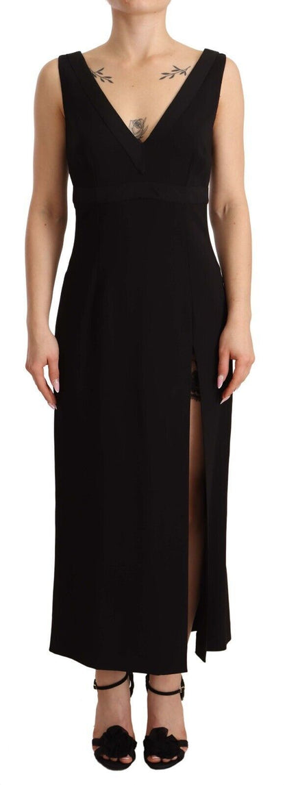 Dolce & Gabbana Black Silk Stretch Side Slit Sheath Midi Dress