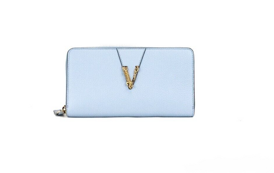 Versace Large Cornflower Grainy Leather Gold Monogram Zip Around Clutch Wallet