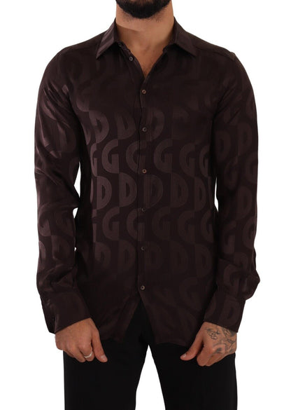 Dolce & Gabbana Bordeaux GOLD Logo Silk Slim Fit Mens Shirt