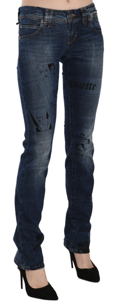 John Galliano Blue Newspaper Print Low Waist Skinny Denim Pants