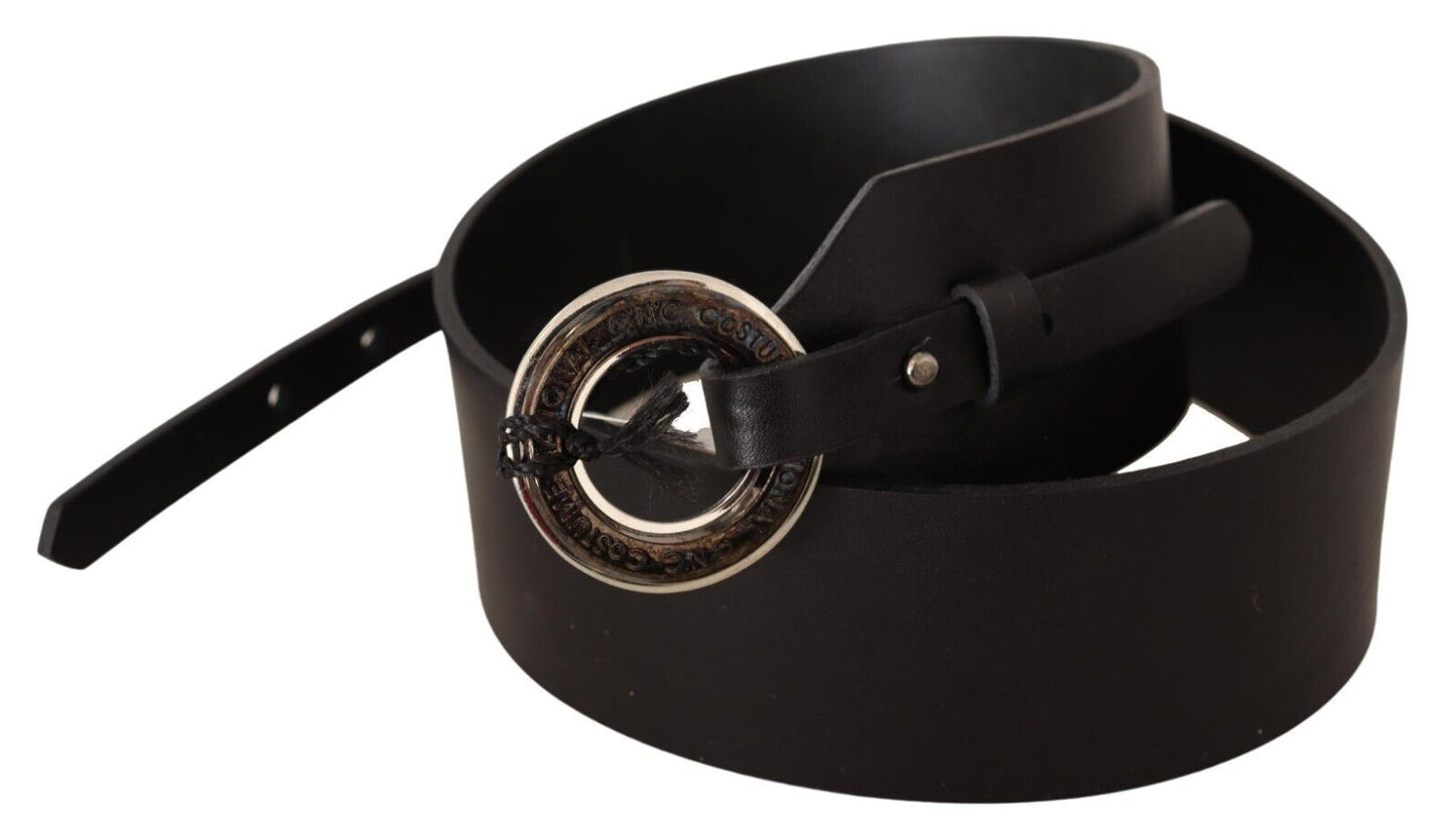 Costume National Black Leather Silver Round Buckle Belt