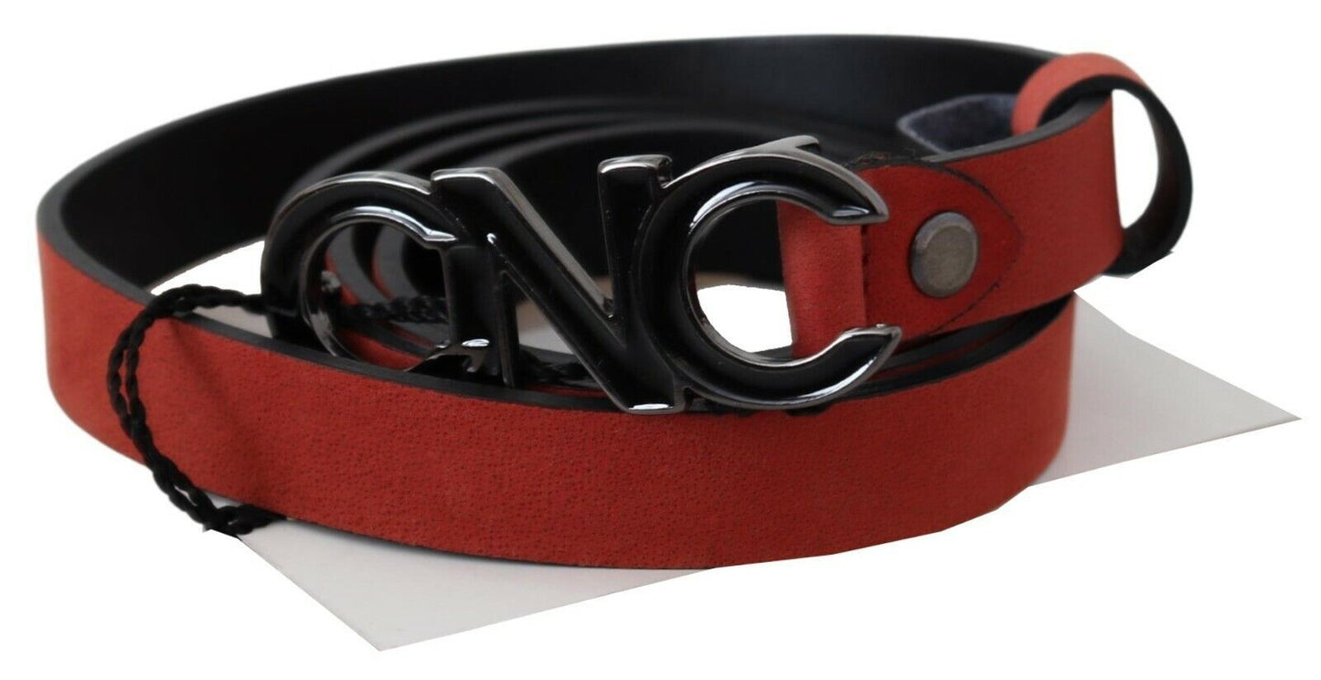 Costume National Red Black Leather Black Logo Buckle Blood Belt