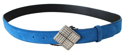 GF Ferre Blue Leather Silver Square Logo Buckle Waist Belt