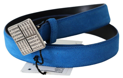 GF Ferre Blue Leather Silver Square Logo Buckle Waist Belt