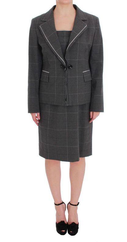 BENCIVENGA Gray Checkered Cotton Blazer Dress Set Suit