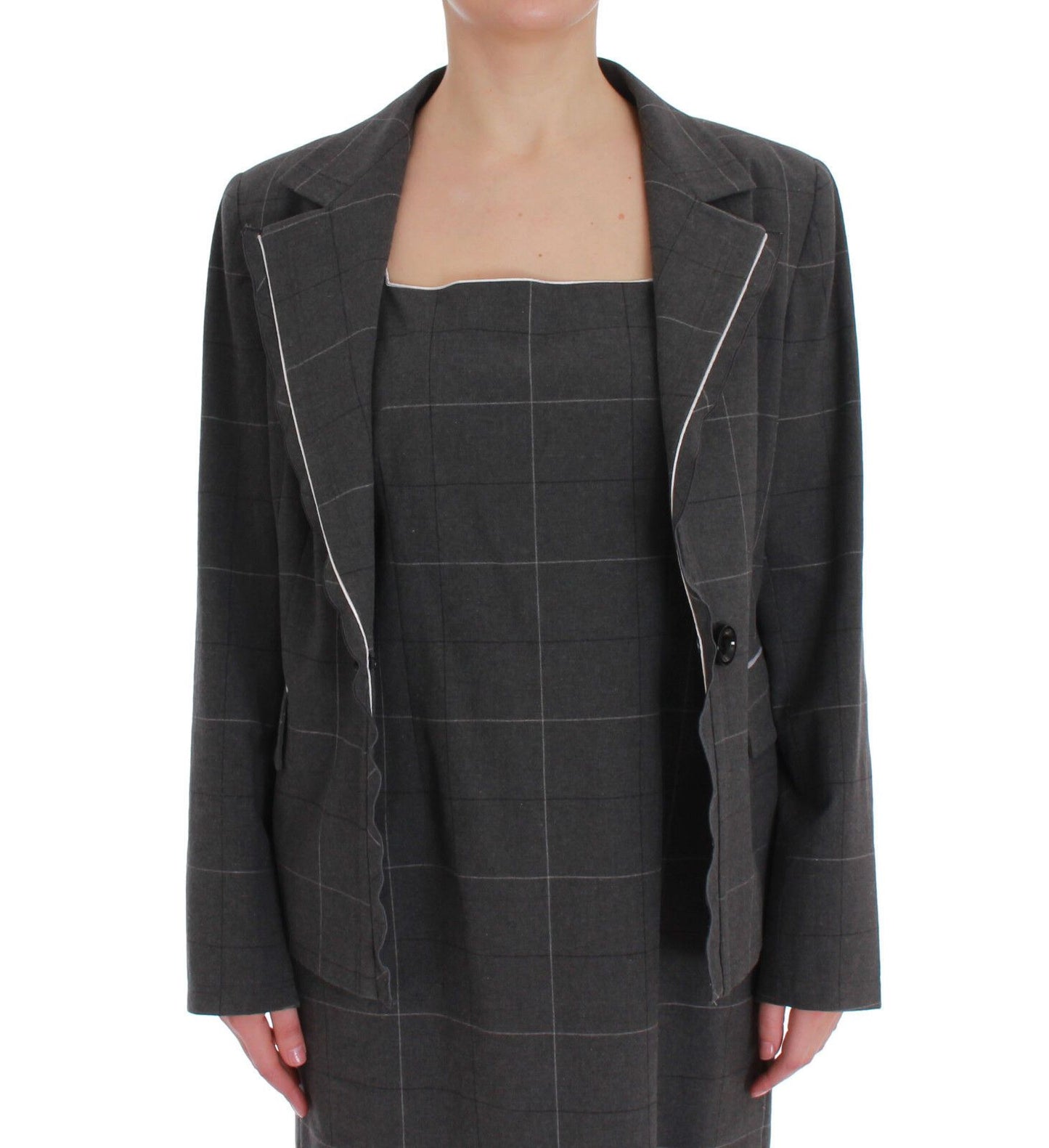 BENCIVENGA Gray Checkered Cotton Blazer Dress Set Suit