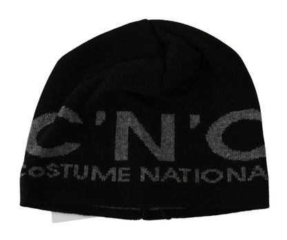 Costume National Beanie Black Wool Blend Branded Hat