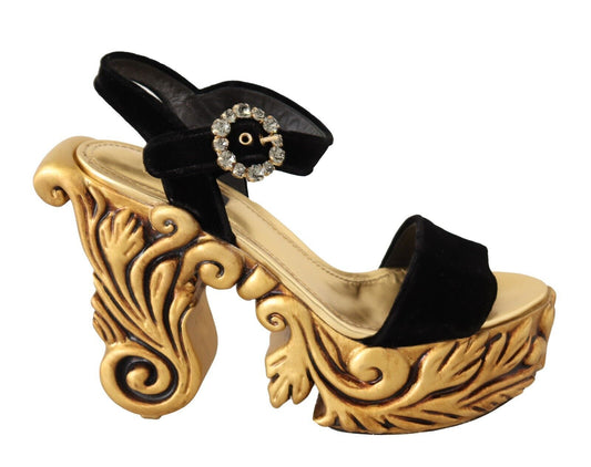 Dolce & Gabbana Black Gold Baroque Velvet Heels Crystal Shoes