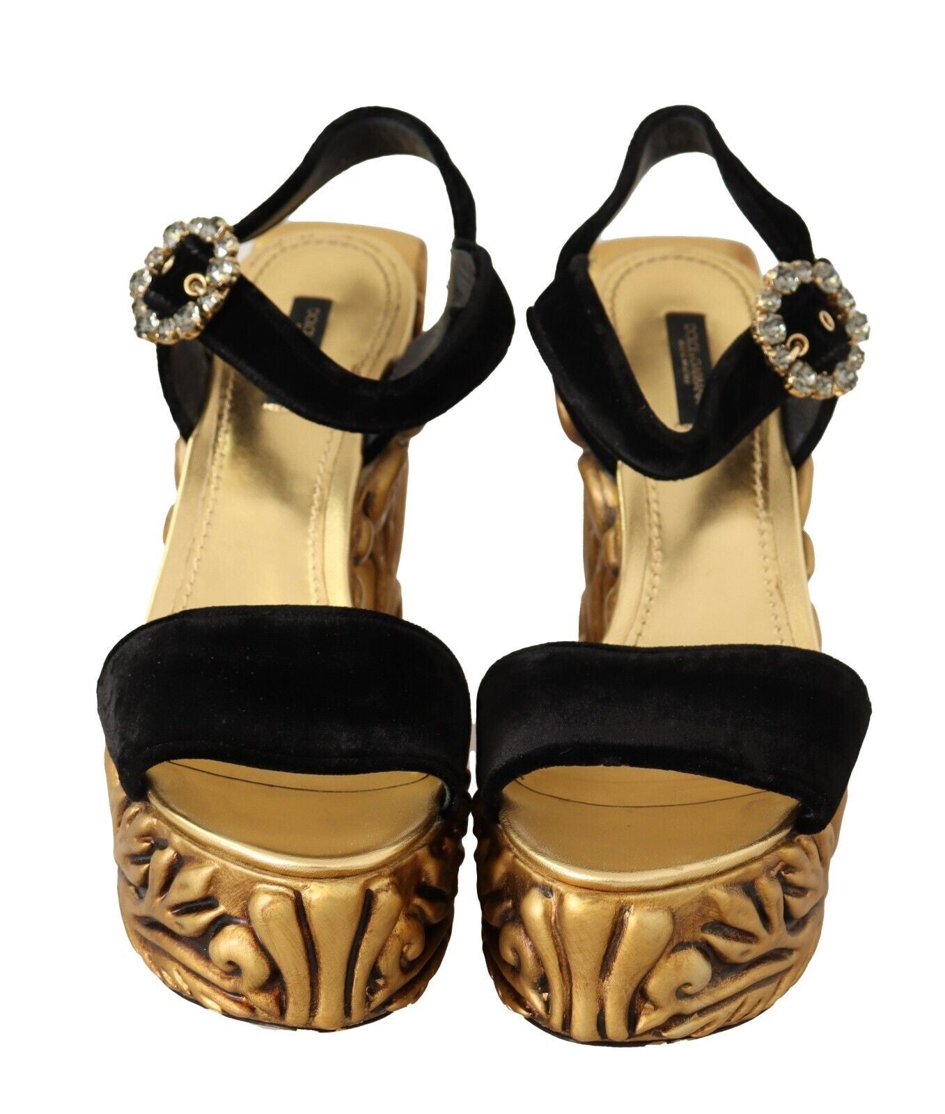 Dolce & Gabbana Black Gold Baroque Velvet Heels Crystal Shoes