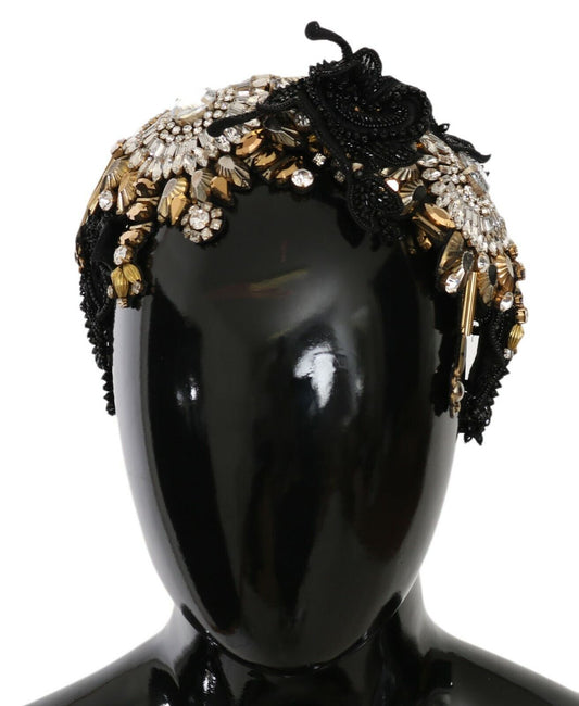 Dolce & Gabbana Black Silk Gold Crystal Studded Diadem