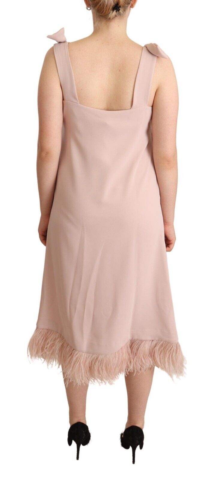 P.A.R.O.S.H. Pink Polyester Sleeveless Midi Feather Shift Dress