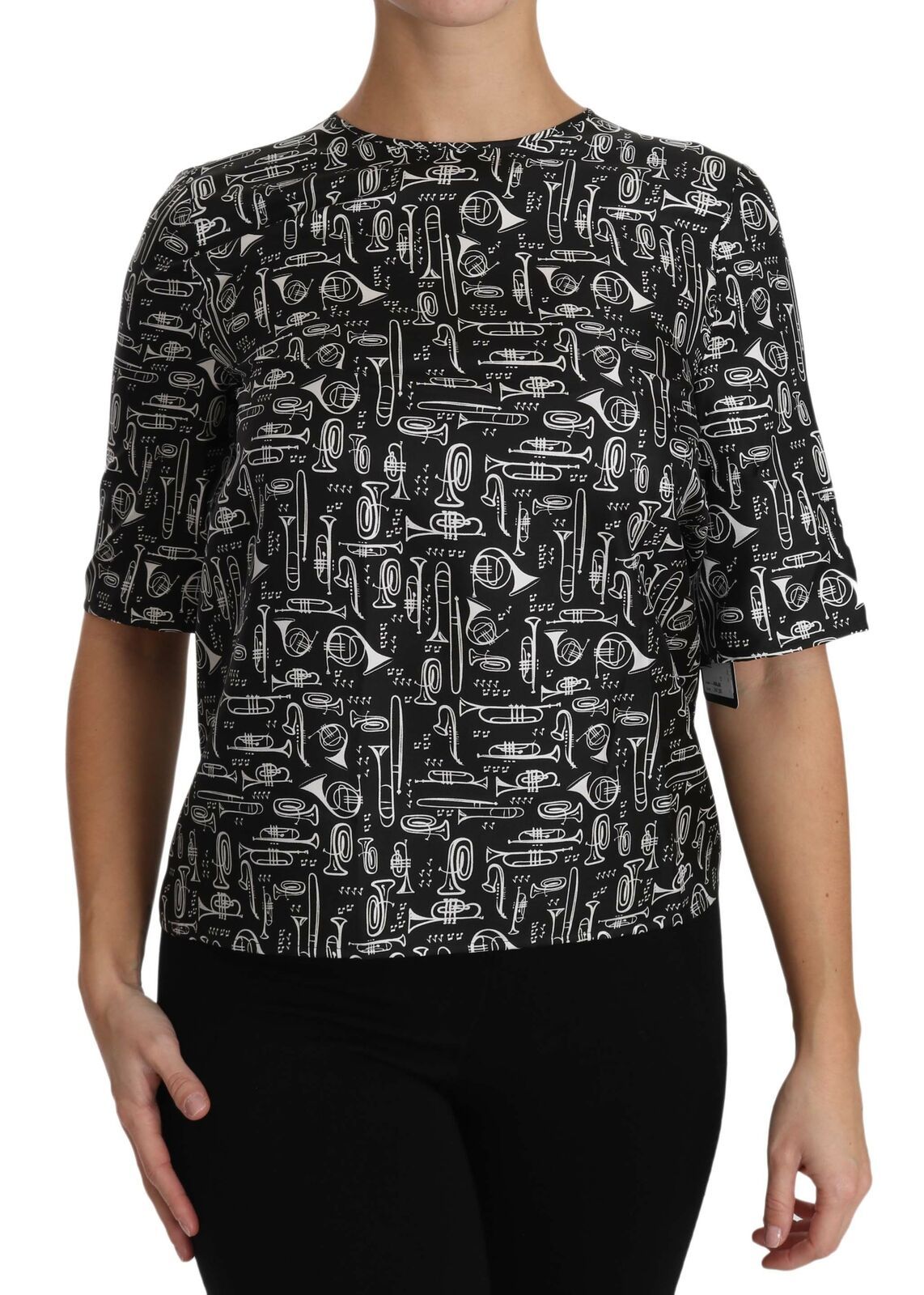 Dolce & Gabbana Black Musical Instruments Print Silk Blouse